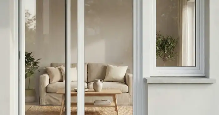 Porte-fenêtre blanche à deux vantaux donnant sur un salon