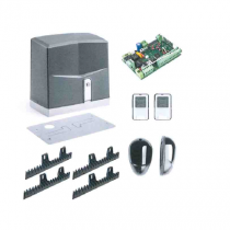 Motorisation portail coulissant Slidegate FIRST (1 moteur, 1 centrale, 2 télécommandes, 1 clignotant LED, 1 jeu de cellules, 4ml de crémaillère, plaque de fixation)