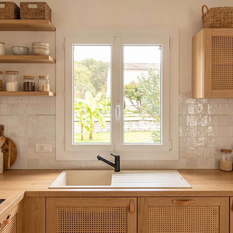 Fenêtre PVC 2 vantaux dans une cuisine avec vue sur jardin