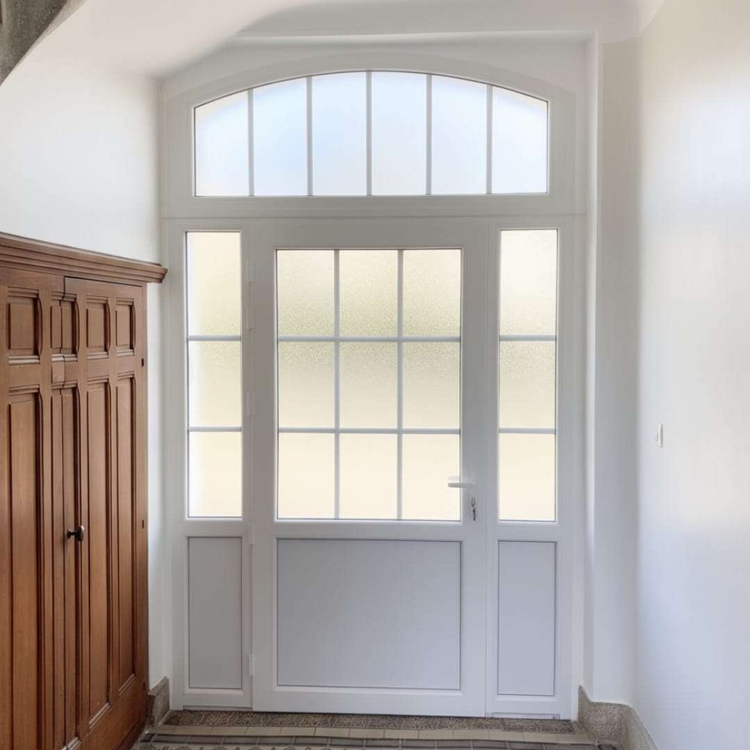 Porte d'entrée PVC avec composition latéraux, imposte, petit-bois vue de l'intérieur