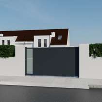 Portail coulissant ALU sur mesure lames horizontales pleines et vitrage sablé RAL7016