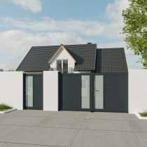 Portillon ALU sur mesure lames horizontales pleines et vitrage sablé RAL7016 avec portail battant assorti
