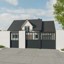 Portail battant Aluminium sur mesure soubassement plein, haut lames verticales ajourées anthracite