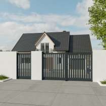 Portail battant Aluminium sur mesure lames verticales ajourées RAL7016 avec portillon assorti sécurisant une maison