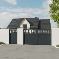 Portail battant Aluminium sur mesure lames verticales pleines et ajourées RAL7016 avec portillon assorti sécurisant une maison
