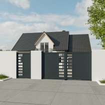Portail battant Aluminium sur mesure gris lames horizontales pleines et ajourées avec portillon assorti