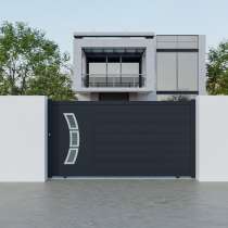 Portail coulissant Aluminium sur mesure avec panneau décoratif vitré anthracite