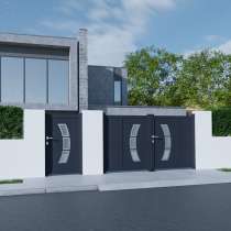 Portillon Aluminium sur mesure gris avec panneau décoratif vitré RAL7016