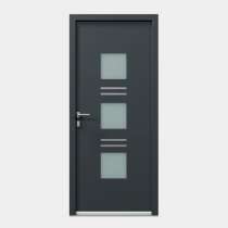 Porte d'entrée décor vitrage sablé et insert alunox intérieur et extérieur RAL7016