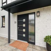 Entrée avec porte ALU vitrage triple feuilleté anti effraction sablé et insert alunox RAL7016