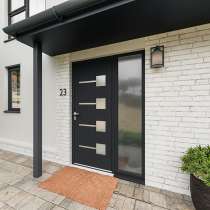 Entrée avec porte ALU vitrage sablé et insert alunox gris 7016