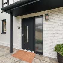 Porte d'entrée ALU vitrage sablé et insert alunox (intérieur et extérieur) RAL7016