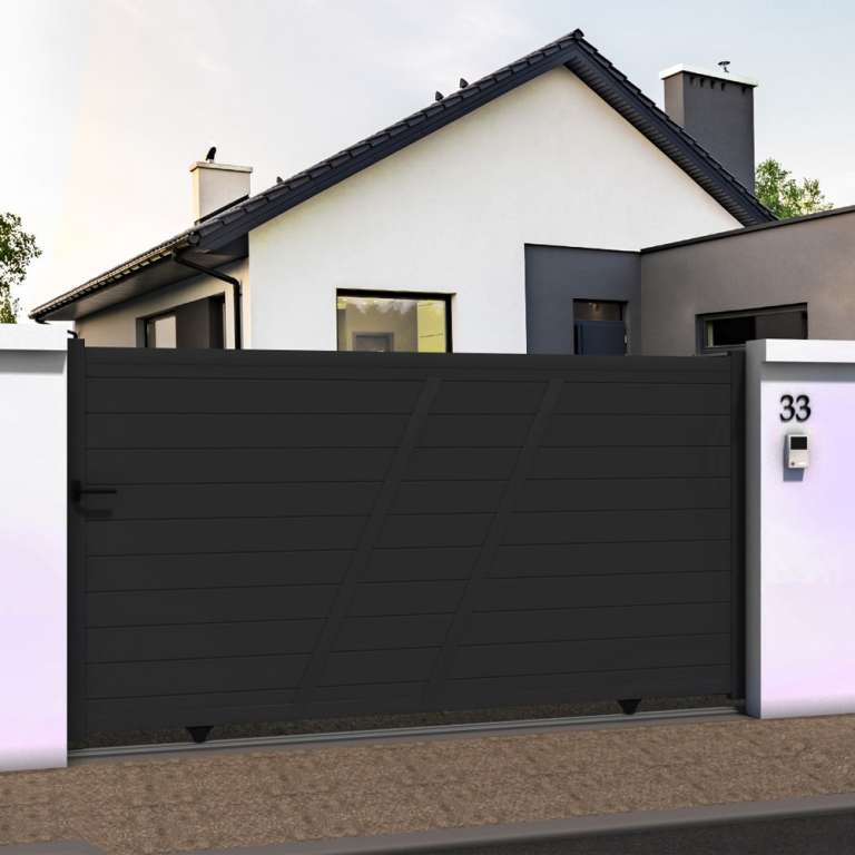 Portail coulissant droit avec décor en ALU gris anthracite