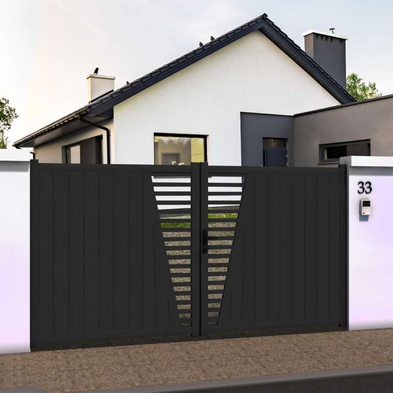 Portail battant droit décor ajouré en ALU gris anthracite