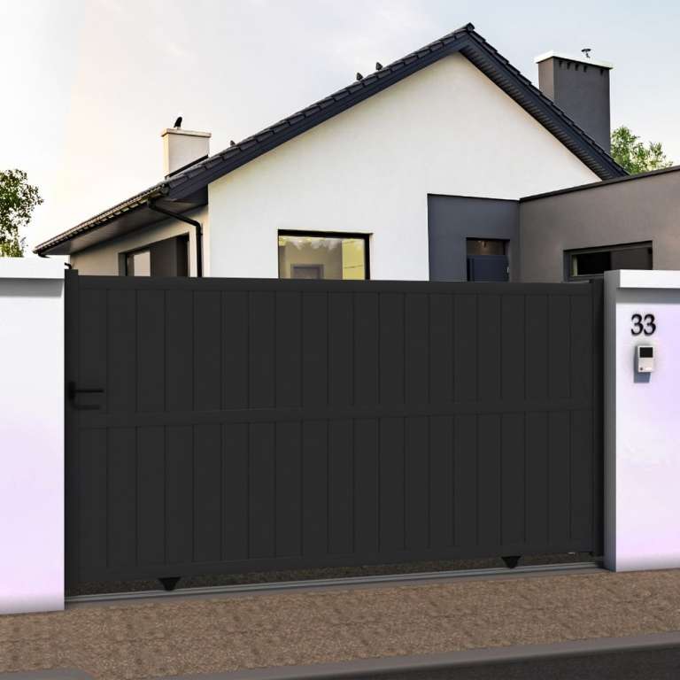Portail coulissant droit avec lames verticales en ALU gris anthracite