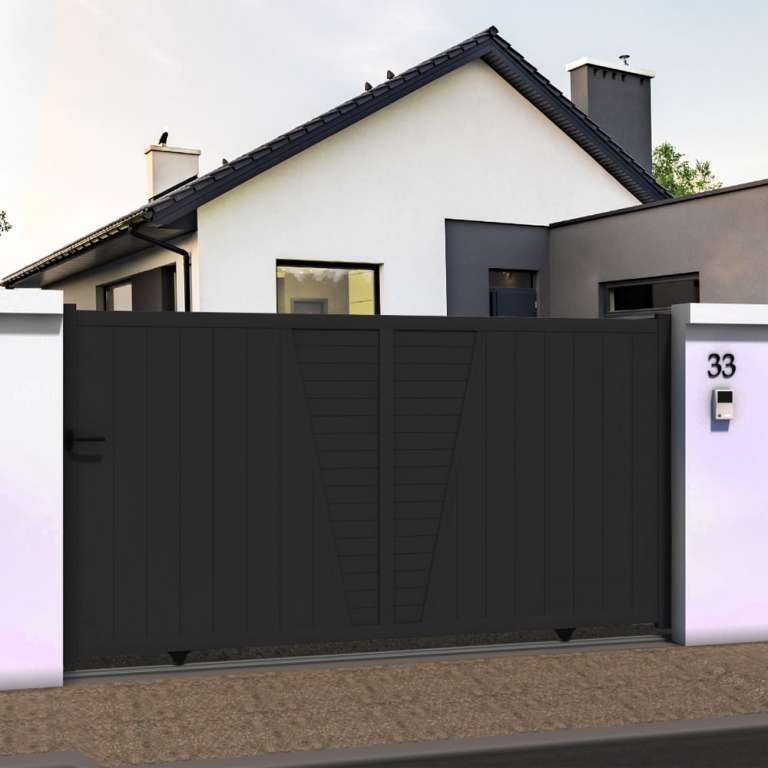 Portail coulissant droit décor en ALU gris anthracite
