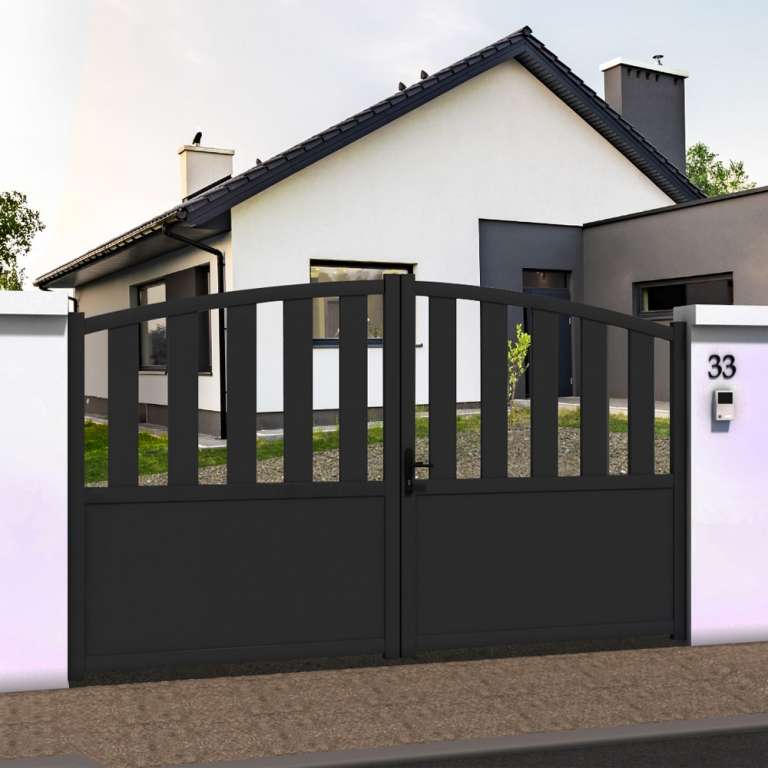 Portail battant courbe ajouré en ALU gris anthracite