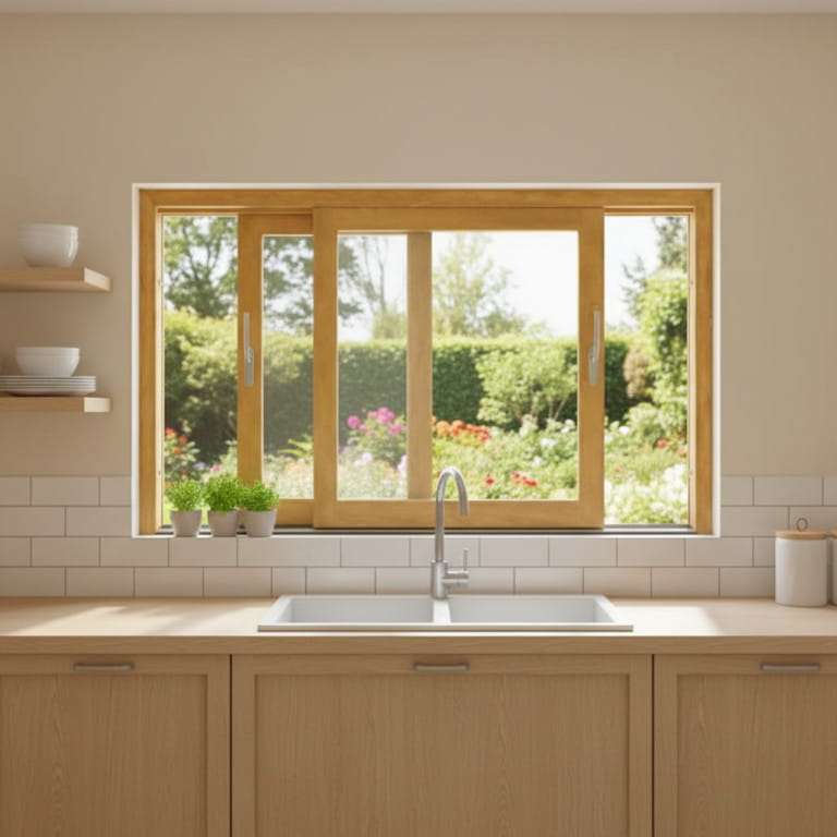 Fenêtre coulissante Bois 2 vantaux sur mesure vue depuis la cuisine