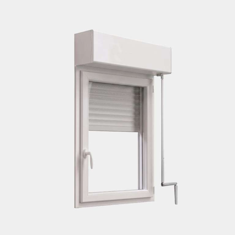 Volet roulant monobloc ouverture manivelle vue de l'intérieur posé sur une fenêtre