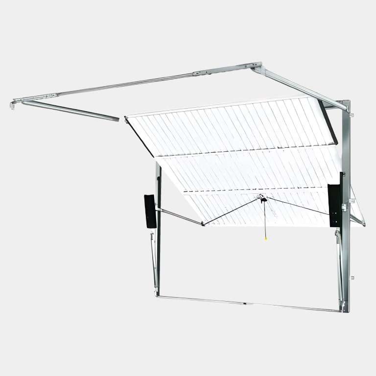 Porte de garage basculante débordante rainurée avec rails vue mécanisme de l'intérieur