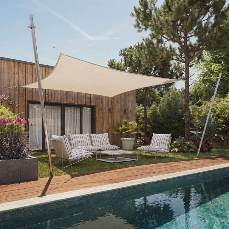 Voile d'ombrage carrée sable abritant un salon devant une piscine