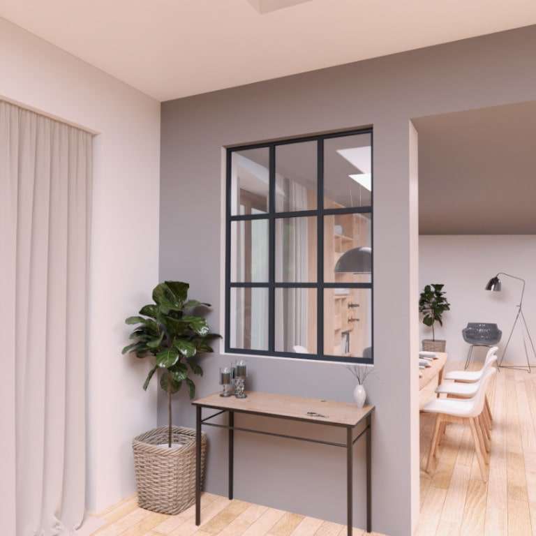 Verrière ALU sur mesure 2 traverses 3 vitrages séparant une entrée du séjour