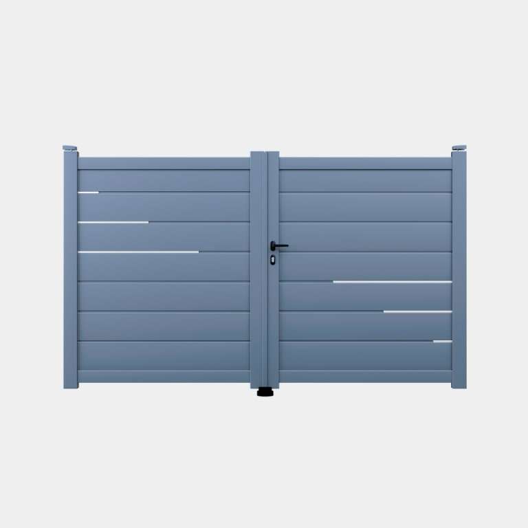 Portail battant Aluminium sur mesure bleu lames horizontales décor