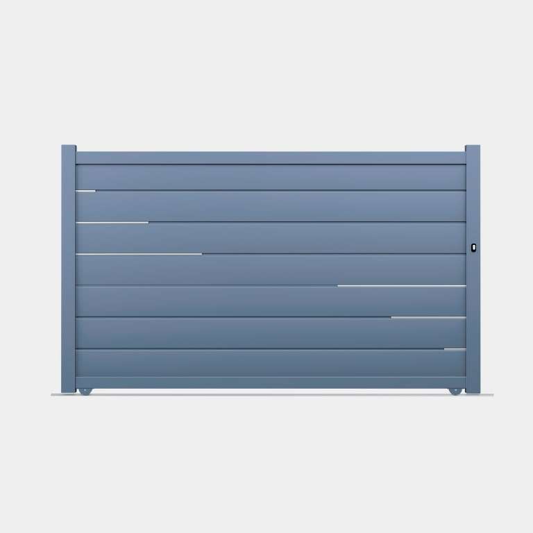 Portail coulissant Aluminium sur mesure bleu lames horizontales et profil décor
