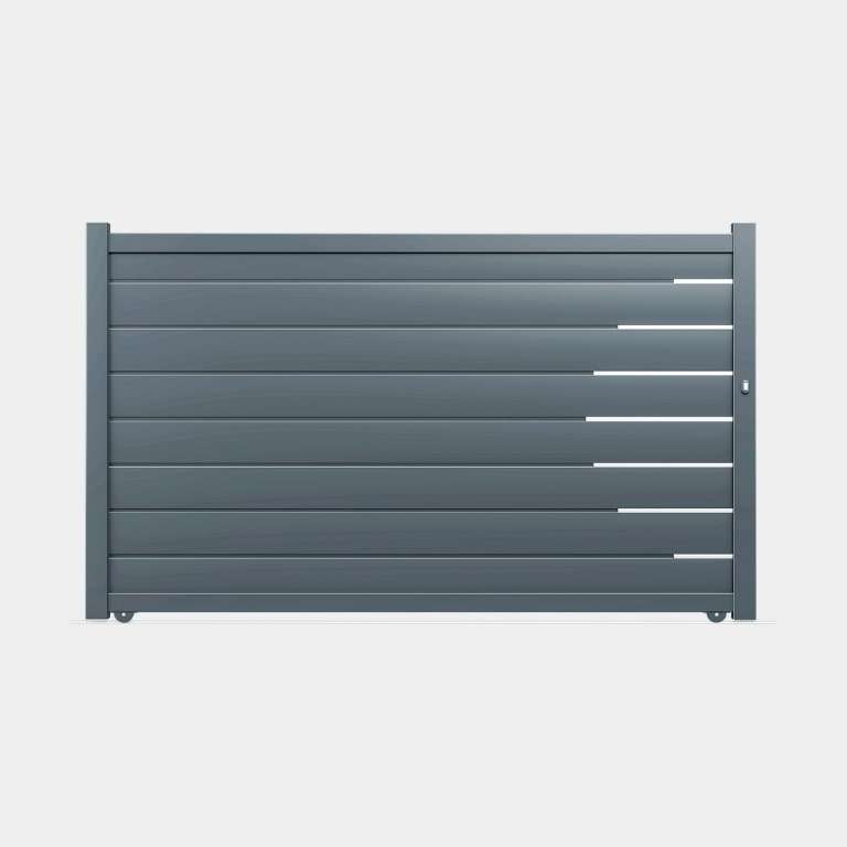 Portail coulissant Aluminium sur mesure gris lames horizontales et profil décor