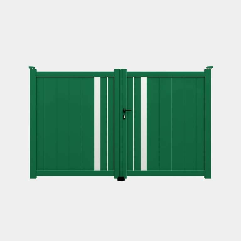 Portail battant Aluminium sur mesure vert lames verticales décor
