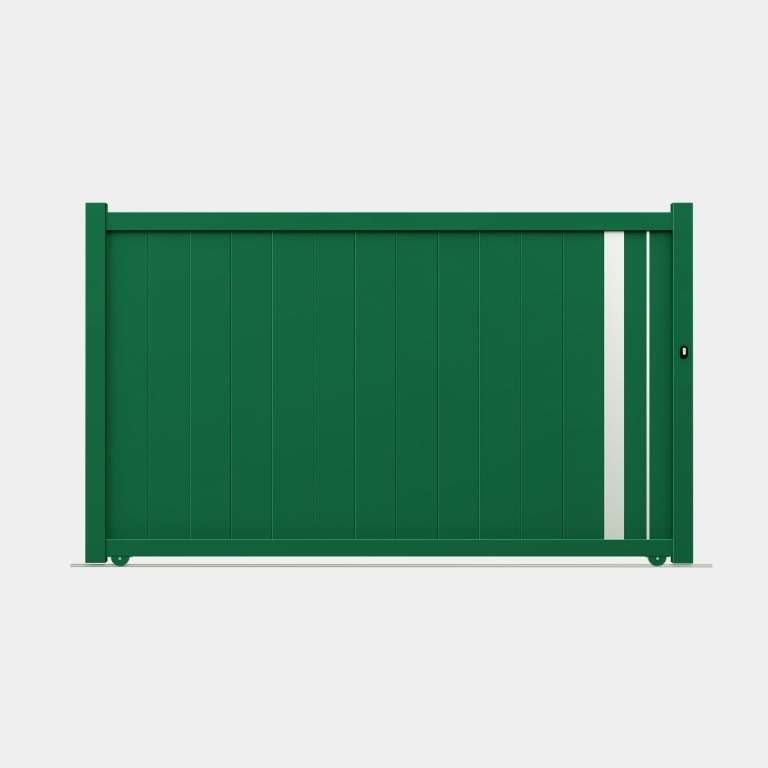 Portail coulissant Aluminium sur mesure vert plein + profil décor
