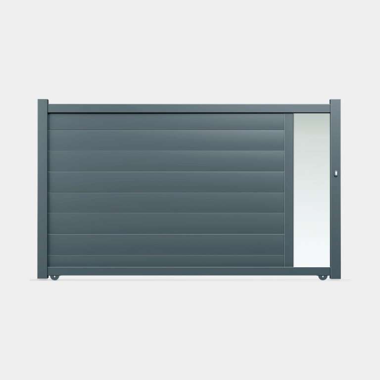 Portail coulissant Aluminium sur mesure gris lames horizontales et vitrage sablé