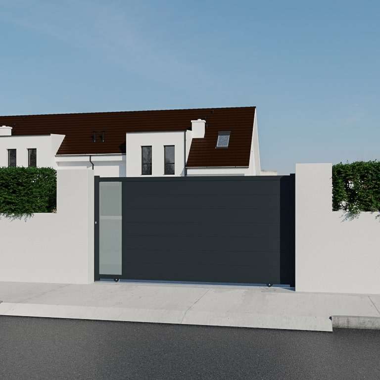 Portail coulissant ALU sur mesure lames horizontales pleines et vitrage sablé RAL7016