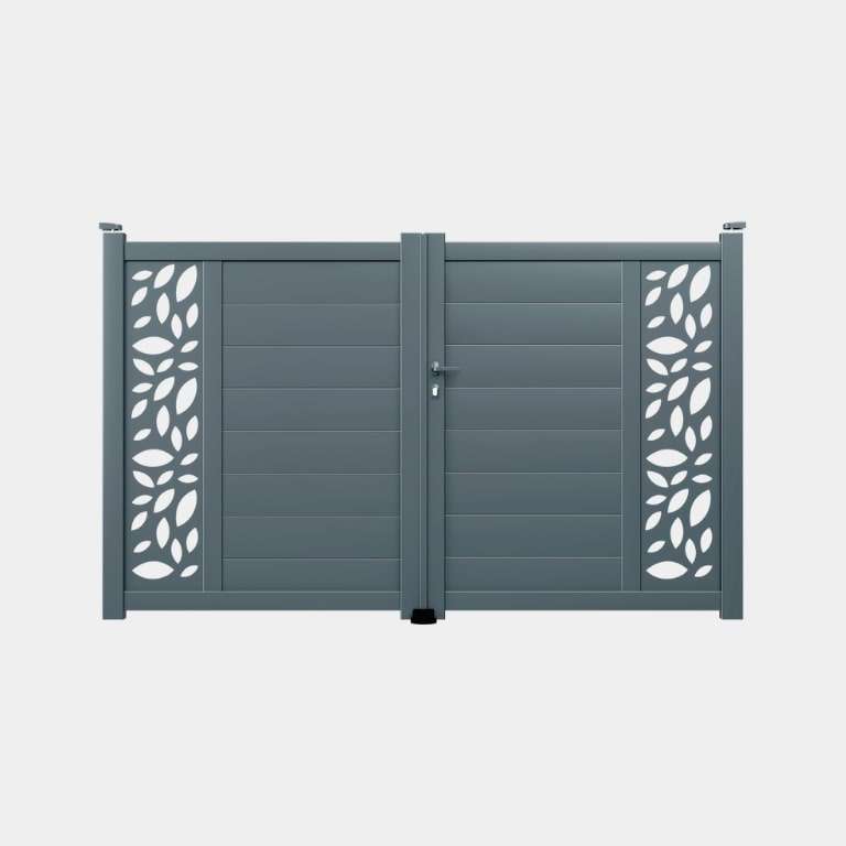 Portail battant Aluminium sur mesure gris lames horizontales pleines et décor ajouré côté