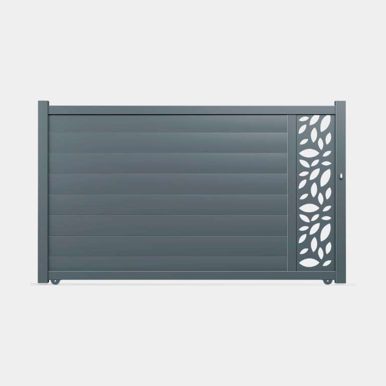 Portail coulissant Aluminium sur mesure gris lames horizontales et décor
