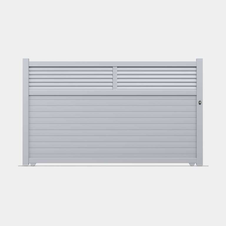 Portail coulissant Aluminium sur mesure blanc lames ventilées et pleines horizontales
