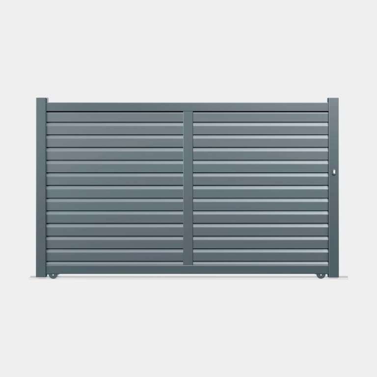 Portail coulissant Aluminium sur mesure gris lames ventilées horizontales