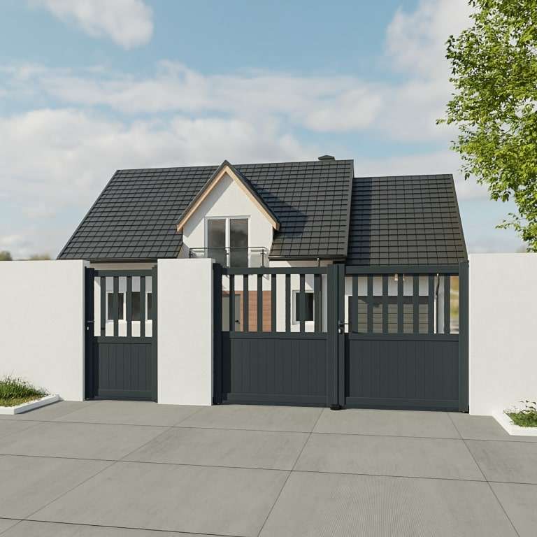 Portail battant Aluminium sur mesure soubassement plein, haut lames verticales ajourées anthracite