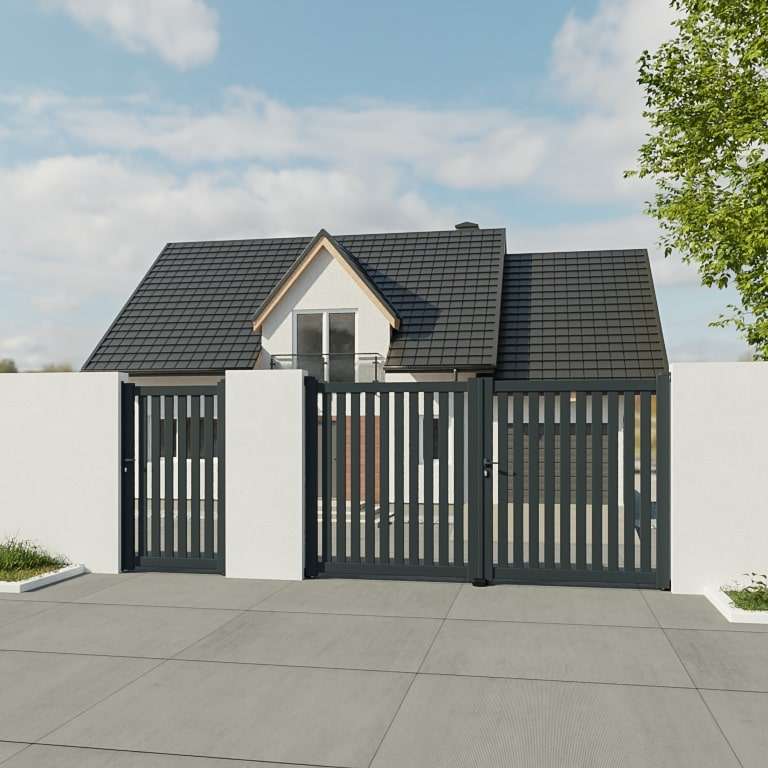 Portail battant Aluminium sur mesure lames verticales ajourées RAL7016 avec portillon assorti sécurisant une maison