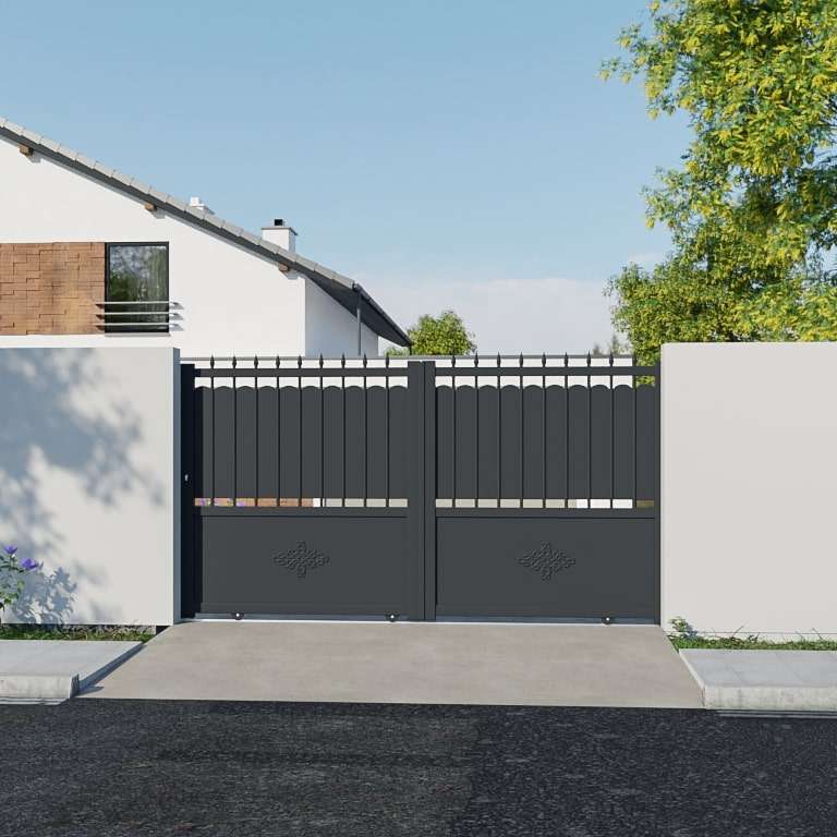 Portail coulissant Aluminium sur mesure avec tôle et barreaux anthracite