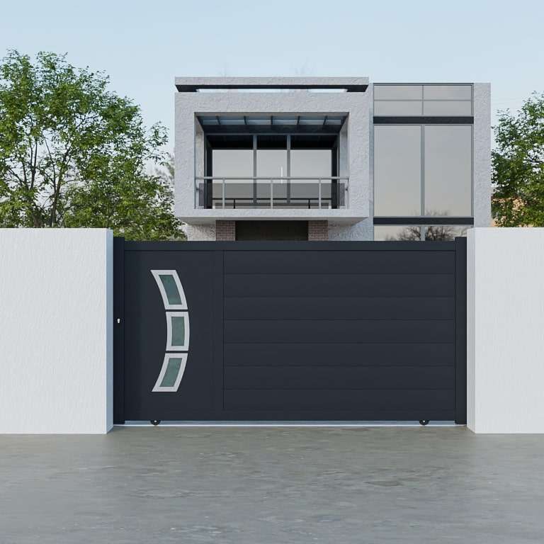 Portail coulissant Aluminium sur mesure avec panneau décoratif vitré anthracite
