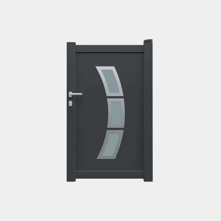 Portillon Aluminium sur mesure gris avec panneau décoratif vitré