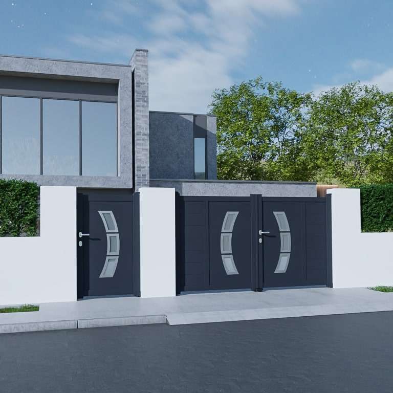 Portillon Aluminium sur mesure gris avec panneau décoratif vitré RAL7016