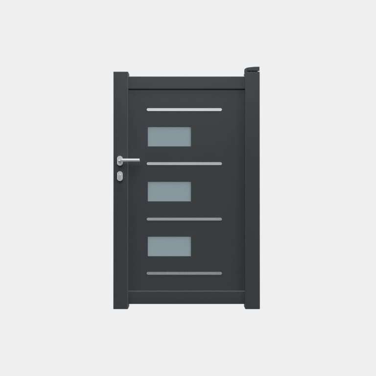 Portillon Aluminium sur mesure avec panneau décoratif vitré RAL7016