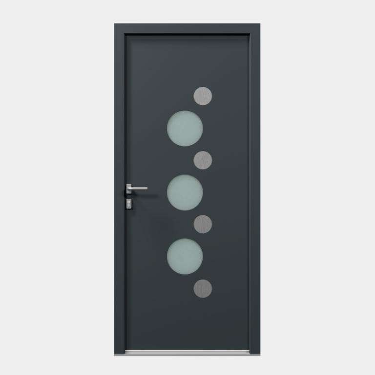 Porte d'entrée décor ronds vitrage sablé et insert alunox intérieur et extérieur RAL 7016