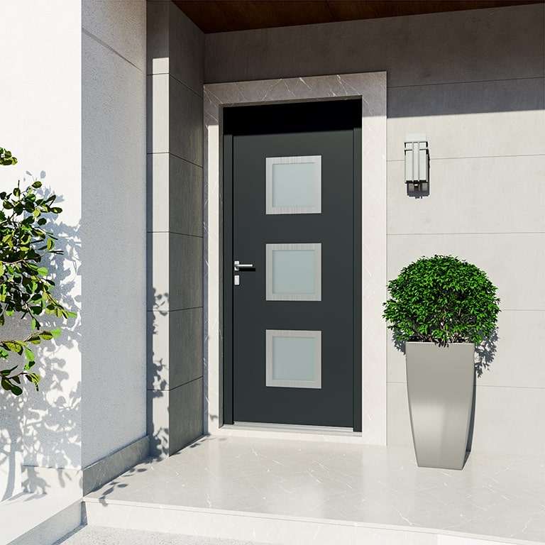 Entrée avec porte Gris 7016 vitrage sablé et insert alunox (intérieur et extérieur)