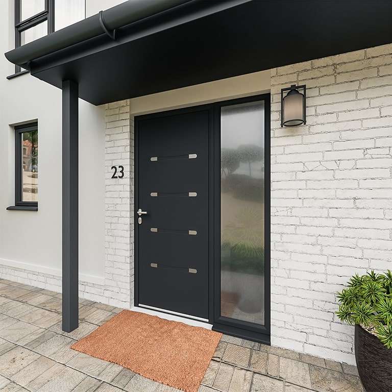 Entrée avec porte panneau ALU embouti et inserts RAL 7016