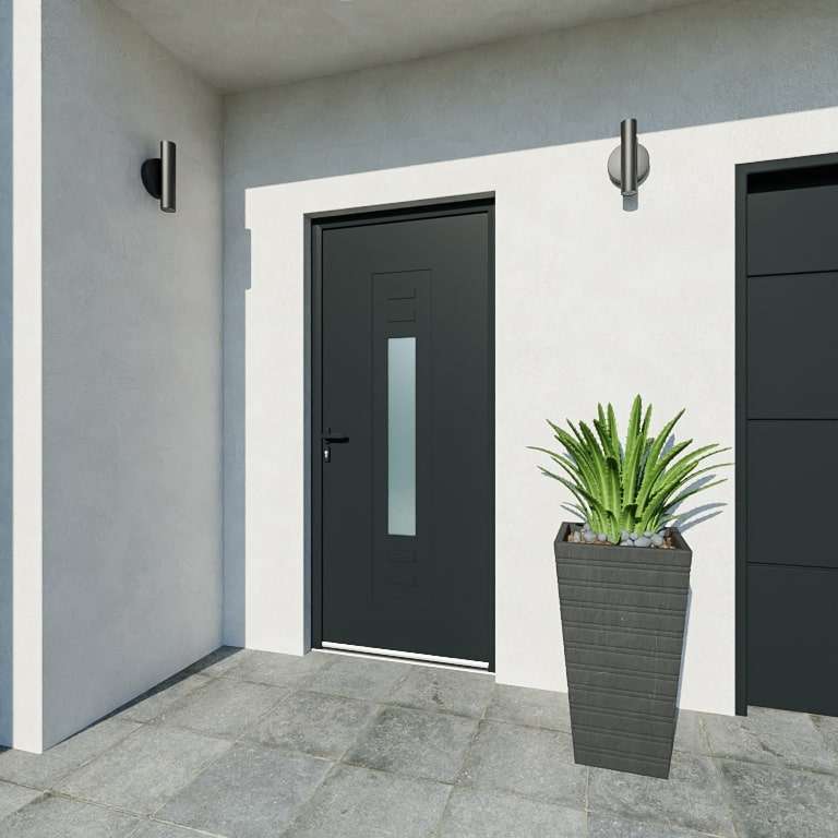 Entrée avec porte gris 7016 décor vitrage et emboutissage