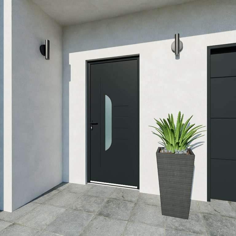 Entrée avec porte gris RAL 7016 décor vitrage et emboutissage