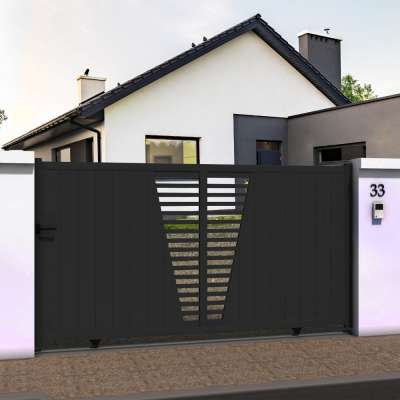 Portail coulissant droit décor ajouré en ALU gris anthracite